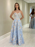 A-Line Sweetheart Neck Tulle Lace Blue Long Prom Dress Graduation Prom Dress HZ1108