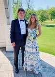 Elegant Straps Layered Printing Formal Evening Dress Sleeveless Dress with Split HZ1108