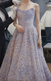 A-Line Spaghetti Strap Tulle Applique Long Prom Dress Adult Ceremony Birthday Dress HZ1108
