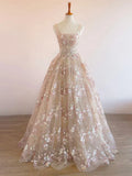 Sweet Light Champagne A-Line Tulle Sequin Applique Long Prom Dress Formal Evening Gowns HZ1108
