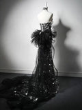 Modest Silver Mermaid Strapless Sequin Tulle Long Prom Dress Formal Evening Dress HZ1108