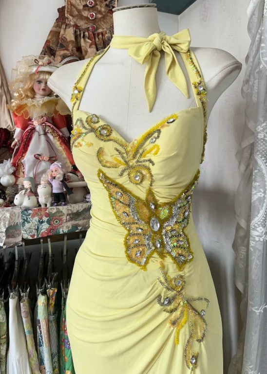 Elegant Yellow Mermaid Formal Dresses Halter Sequin Diamond Long Prom Dress Birthday Party Outfit HZ1108