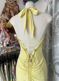 Elegant Yellow Mermaid Formal Dresses Halter Sequin Diamond Long Prom Dress Birthday Party Outfit HZ1108