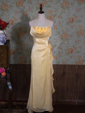 Yellow Simple Bodycon Dress Spaghetti Strap Chiffon Long Prom Dress Applique Graduation Prom Dress HZ1108