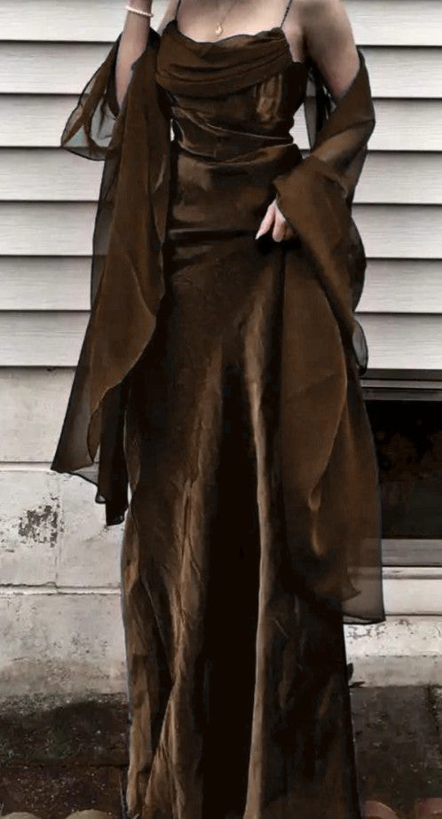 ??Vintage Dark Green Prom Dress Spaghetti Strap Chiffon Evening Gown with Shawl HZ1108