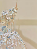Simple Champagne A-Line Spaghetti Straps Tulle Applique Long Prom Dress Sweet Wedding Dress HZ1108