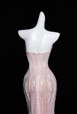 Pink Mermaid Strapless Tulle Diamond Long Prom Dress Sweet Wedding Dress Formal Dress HZ1108