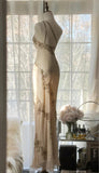 Champagne Retro Chiffon Sheath Party Dress One Shoulder Beaded Long Prom Dress HZ1108