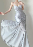 Retro Silver Mermaid Spaghetti Straps Satin Long Prom Dress Beaded Evening Dress HZ1108