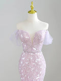 Mermaid Off-Shoulder Tulle Sequin Long Prom Dress Purple Formal Dress HZ1108