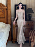 Silver Mermaid Spaghetti Strap Sequin Prom Dress Shimmer Evening Gown HZ1108