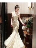 Light Apricot Mermaid Turtleneck Tulle 3D Flower Prom Dress HZ1108