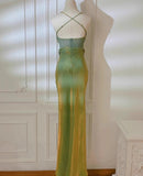Retro Green Mermaid Spaghetti Straps Prom Dress Backless Birthday Graduation Prom Dress HZ1108