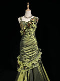 Dark Green Retro Mermaid Irregular Neckline Satin Beaded Long Prom Dress Birthday Graduation Prom Dress HZ1108
