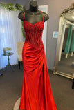 Sage Green Spaghetti Straps Sequins Mermaid Appliqued Prom Dress With Split HZ1108
