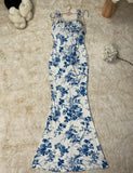 Gentle Print Spaghetti Strap Chiffon Mermaid Prom Dress HZ1108