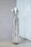 Silver Sequins Sheath V-Neck Long Prom Dress Shiny Evening Dress HZ1108