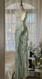 Chiffon Sheath Spaghetti Strap Ruffled Prom Dress with Beading Evening Dress HZ1108