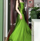 Elegant Green Spaghetti Strap Slit Satin Long Sleeveless Prom Dress Party Pong Evening Dress HZ1108