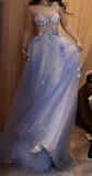 Backless A-Line Spaghetti Strap Tulle Applique Long Prom Dress Sweet Evening Dress HZ1108