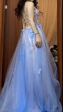 Backless A-Line Spaghetti Strap Tulle Applique Long Prom Dress Sweet Evening Dress HZ1108