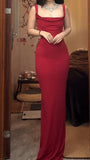 Red Spaghetti Strap Satin Backless Long Bodycon Dress Ball Evening Dress HZ1108