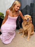 Elegant Mermaid Spaghetti Straps Floor Length Sleeveless Pink Prom Dress HZ1108