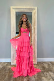 Cute Hot Pink A-Line Strapless Chiffon Long Prom Dress Layered Slit Sleeveless Evening Gown HZ1108