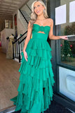 Cute Hot Pink A-Line Strapless Chiffon Long Prom Dress Layered Slit Sleeveless Evening Gown HZ1108