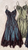 Vintage-Inspired Prom Dresses Under $180??Gothic Spaghetti Straps Blue Satin Chiffon Sheath Evening Dress with Beading HZ1108
