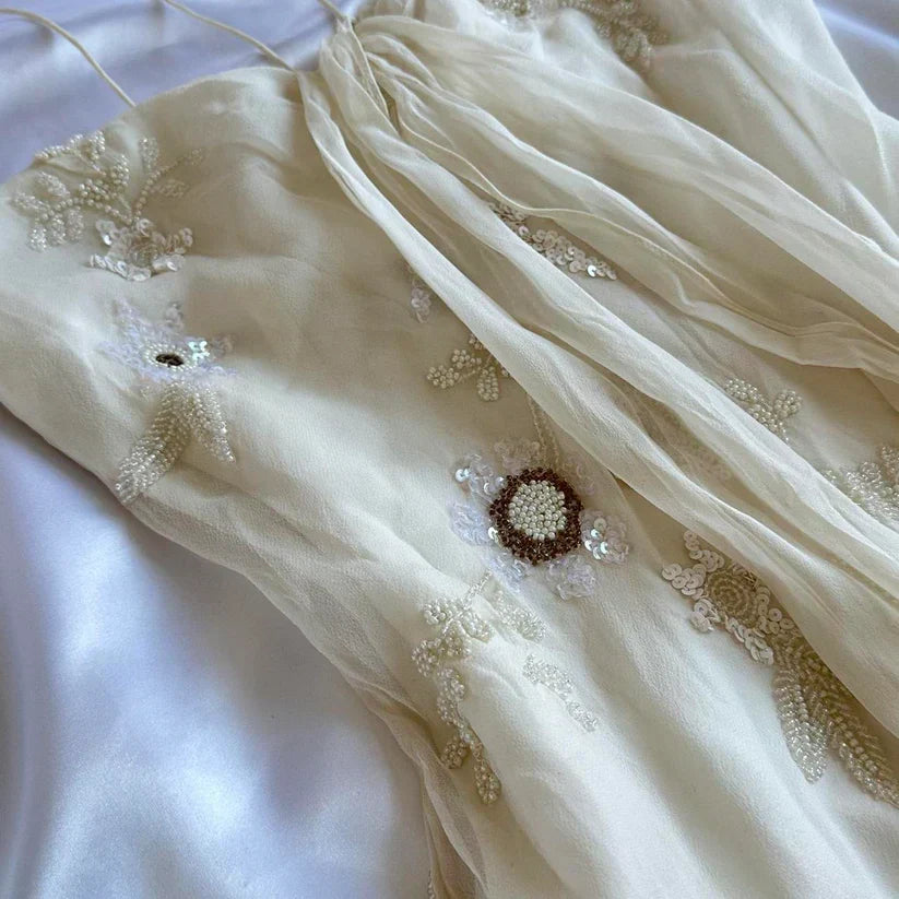 Vintage White Spaghetti Straps Chiffon Sheath Gentle Prom Dresses with Beading HZ1108