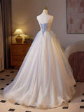Fairytale A-Line Sweetheart Tulle Champagne Long Prom Dresses Beaded Sequins Sweet 16 HZ1108