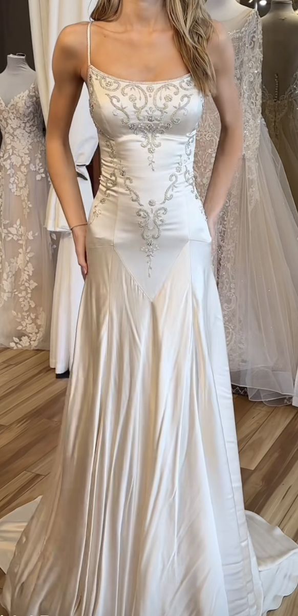 Elegant Spaghetti Straps Mermaid Wedding Dress Satin Beading Long Prom Dress Simple Formal Evening Dress HZ1108