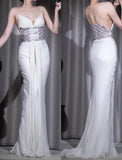 Elegant White Spaghetti Strap Mermaid Chiffon V-Neck Long Pro Dresses Vintage Backless Evening Dress HZ1108