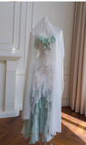 Fairytale Mint Green Spaghetti Straps Chiffon Ruffled Prom Dresses Shiny Beaded Sequined Backless Evening Dresses HZ1108