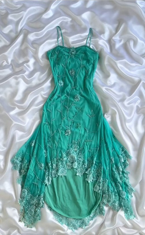 Fairytale Turquoise Spaghetti Straps Chiffon Party Dresses Vintage Lace Applique Prom Dresses Homecoming Dresses HZ1108