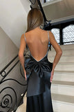 Gorgeous Mermaid Pink Backless Long Evening Dresses Spaghetti Straps Party Dresses with Bowknot HZ1108
