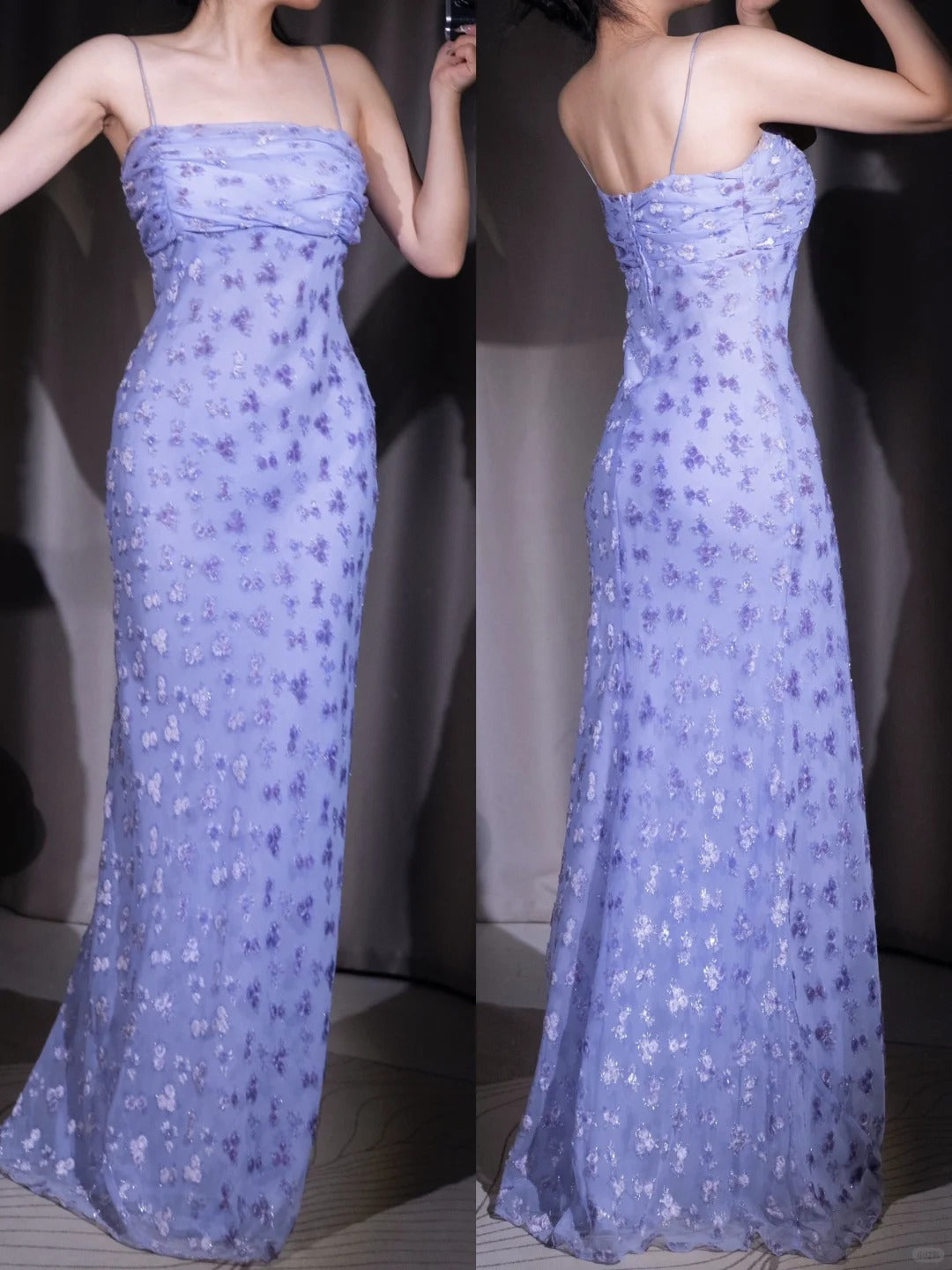 Gothic Elegant Purple Chiffon Sheath Party Dresses Spaghetti Straps Shiny Beaded Long Prom Dresses HZ1108