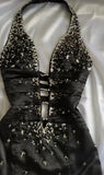 Elegant Black Deep V Neck Satin Mermaid Party Dresses Vintage Backless Beaded Evening Dress HZ1108