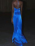 Elegant Royal Blue V-neck Sheath Evening Dress Sexy Backless Satin Long Prom Dresses with Slits HZ1108