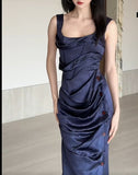 Glam Navy Blue Square Neck Satin Pleated Party Dress Cocktail Dress HZ1108