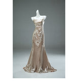 Unique Champagne Spaghetti Strap Mermaid Shining Long Evening Dress Elegant Prom Dress HZ1108