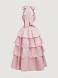 Pink A-Line Halter Prom Dress Tiered Satin Empire-Waist Sleeveless Party Dress 22nd Birthday Dress with Bow HZ1108