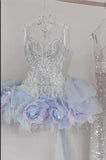 Shiny V-neck A-Line Short Prom Dress Gorgeous Tulle Homecoming Dress HZ1108