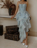 Glitter Ice Blue Halter Neck Chiffon Short Party Dress Gorgeous Layered Chiffon Homecoming Dress HZ1108