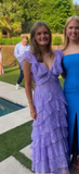 Sweet Lilac V-neck Lace Long Prom Dresses A-line Backless Evening Gowns HZ1108