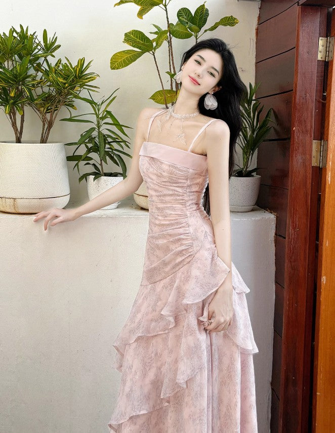 Fairytale Pink Spaghetti Straps Long Prom Dress Formal Dresses Chiffon Ruffles Layered Stunning 18th Birthday Party Dresses HZ1108