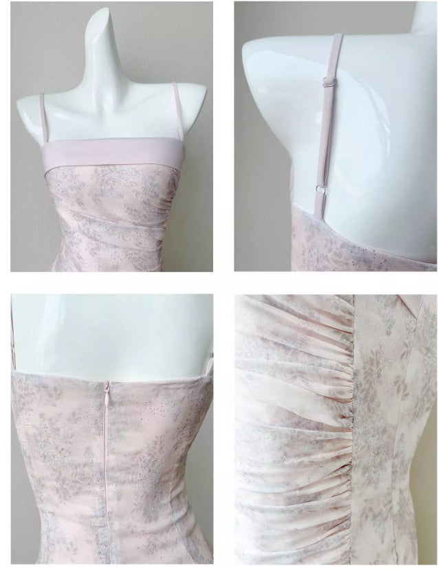 Fairytale Pink Spaghetti Straps Long Prom Dress Formal Dresses Chiffon Ruffles Layered Stunning 18th Birthday Party Dresses HZ1108