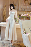 French Light Champagne Spaghetti Strap Satin A-Line Bridal Dress Elegant Wedding Guest Dress HZ1108