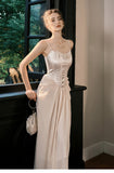 Light Champagne French Pearl Pendant Party Dress Satin Spaghetti Straps Chiffon Birthday Dress HZ1108